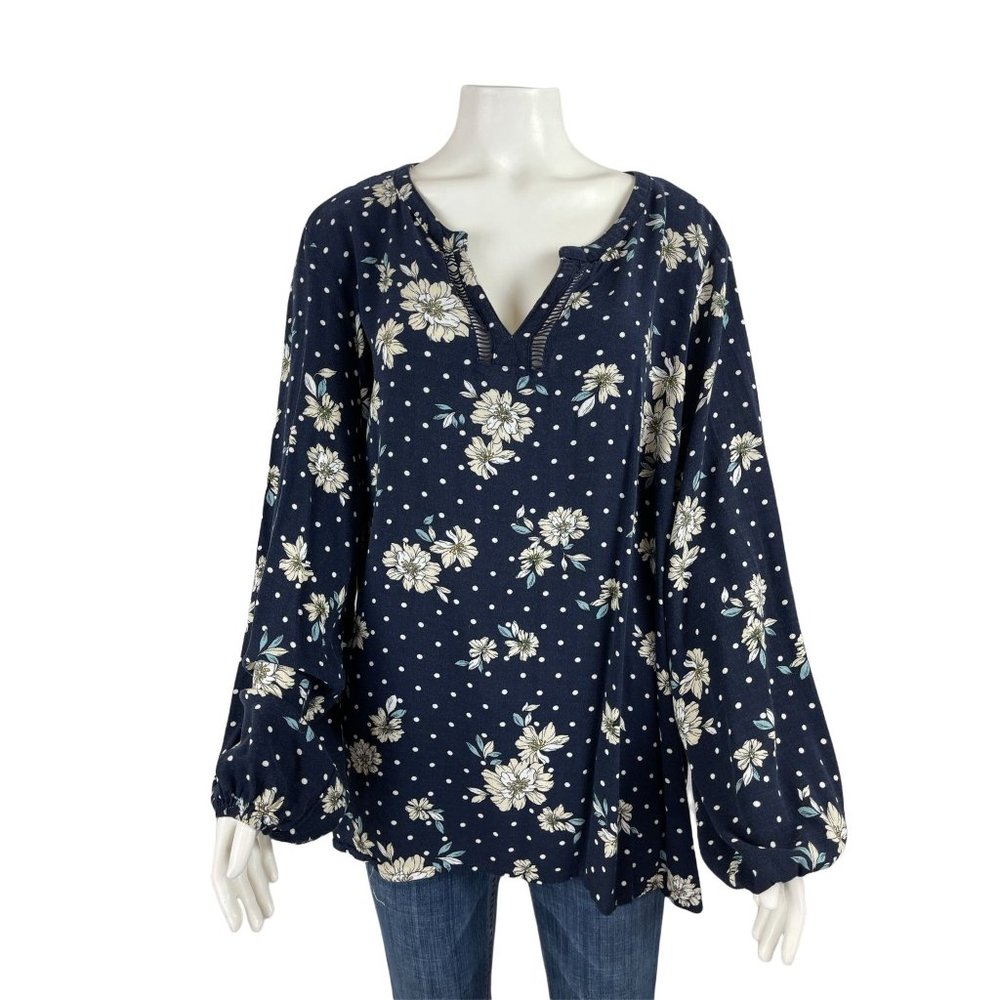 Lane Bryant Womens Shirt 22 Floral Long Sleeve Blouse Blue Boho